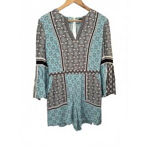 Loft Ladies Blue White Black Geo Print Dressy Romper Long Bell Sleeve V-